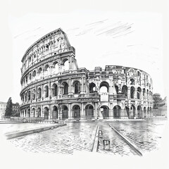 Black and white sketch of the Colosseum in Rome with white background