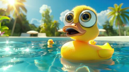 A cartoon duck with large, adorable eyes floating on a bright yellow rubber duck in a shimmering pool during a sunny summer day.