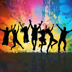 silhouettes of bouncing people who won the lottery, background 