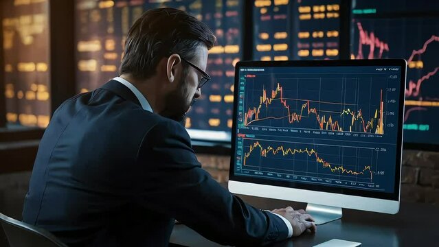 Graphs illustrating fluctuations in financial trends and business activities are displayed on a laptop monitor, an analyst studying the ups and downs of the economy.
