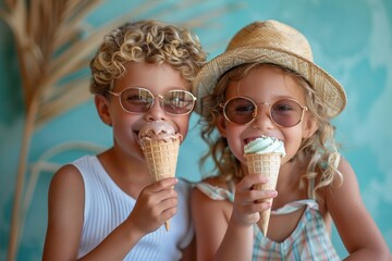 Happy little girl and boy eating ice cream