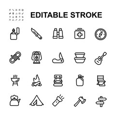 Set of Adventure Icons in line style. Contains icons such as Knife, Backpack, and many more.
