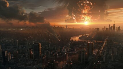 Massive atomic explosion devastates sprawling megalopolis, catastrophic consequences unfold