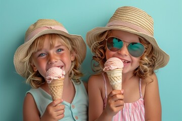  children with ice cream smile and look at camera