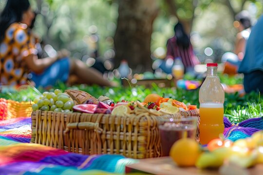 Outdoor picnic scene with a colorful spread of food and drinks