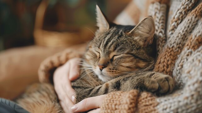Close-up of a tabby cat sleeping peacefully in a person's arms.
