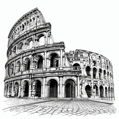 Black and white sketch of the Colosseum in Rome with white background