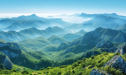 Fototapeta premium A picturesque mountain range rises majestically under clear blue skies, with green valleys stretching below. The expansive, open areas provide a stunning backdrop with space for overlaying text.
