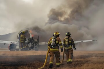 Obraz premium Firefighters Responding to Smoking Aircraft Accident with Determination and Preparedness