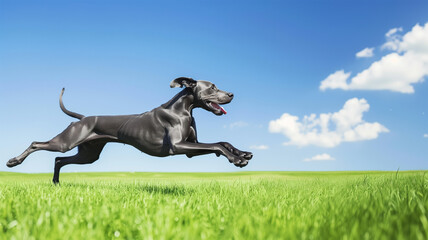 グレート・デーンが広い芝生を力強く駆け抜ける