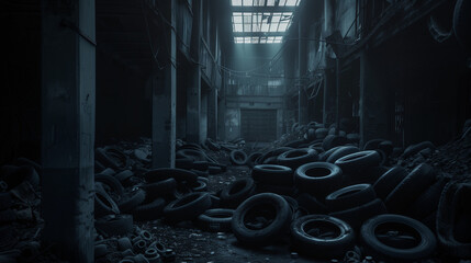 In a dimly lit warehouse, where light barely penetrates the dusty windows, piles of abandoned tires create a macabre sight.