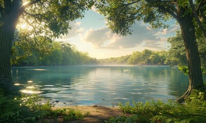 A peaceful lakeside view features calm, reflective waters surrounded by lush trees. The tranquil scene offers plenty of space for text placement, enhancing the serene and contemplative atmosphere.