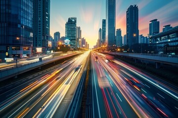 Obraz premium Bustling Cityscape at Dusk with Vibrant Traffic Light Trails and Skyscrapers