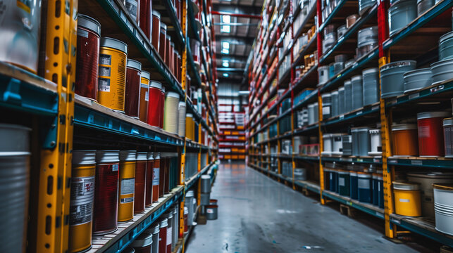 Rows of paint cans stacked on industrial shelves in a warehouse create an organized and neat layout. Each can is marked with a label with a detailed description of its color and chemical composition.