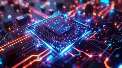 Obraz premium A super powerful processor with glowing data flowing through it, surrounded by circuitry and digital symbols representing advanced technology and AI in the background