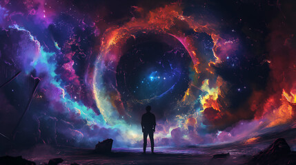 A silhouette of an adventurer in the center, standing at front with his back to camera; A colorful portal opening behind him leading into another world filled with vibrant colors
