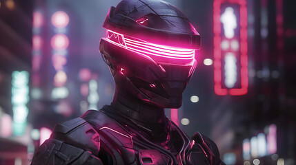 Cinematic shot of an armored space soldier with neon visor, sci fi armor, standing in the streets at night, cyberpunk aesthetic, scifi movie