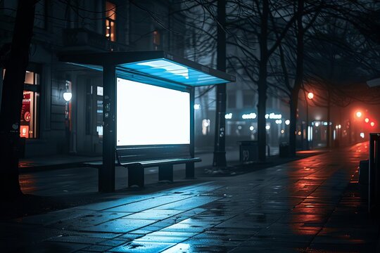 Blank billboard at a bus stop at night, glowing blue.