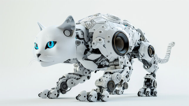A white robot cat, futuristic style, full body shot, with black and blue eyes, with mechanical parts on its back, all made of metal material.