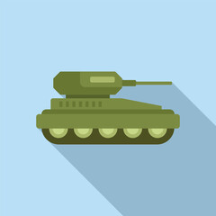 Vector illustration of a military tank with a flat design style and long shadow on a blue background