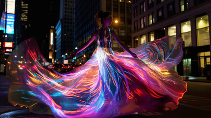 A woman in an elegant dress with flowing fabric, illuminated by vibrant LED lights on the streets of New York City at night