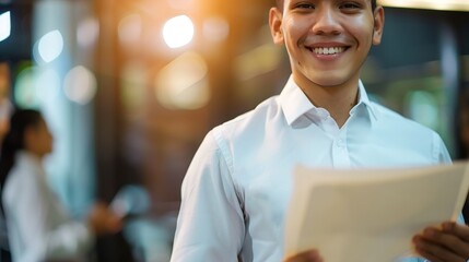 Hispanic businessman holding papers hands and smilingYoung team of coworkers making great business...