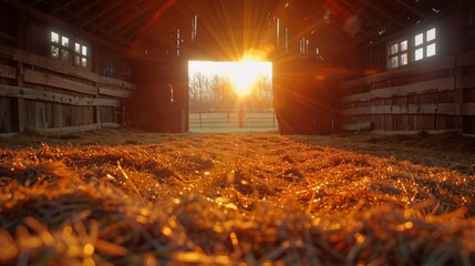 Warm sunlight floods through a barn's open door, illuminating the golden straw-covered floor and rustic ambiance
