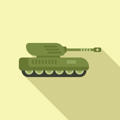 Detailed cartoon military tank illustration in green. Flat design. Isolated on beige background. Featuring vector artwork. Armored warfare vehicle. With artillery cannon. Machine silhouette