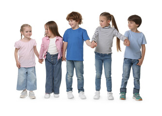 Obraz premium Group of cute children holding hands on white background