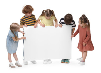 Group of children with blank poster on white background. Mockup for design