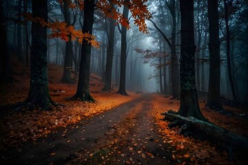 The colorful tree in autumn with fallen orange leaves is ablaze at night.

