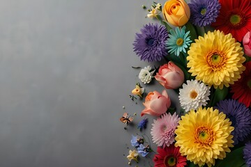 Close-up of a mixed bouquet of roses, summer flowers background, a cluster of colorful roses against a white and gray background.

