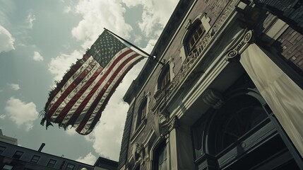 A photo of a weathered American flag hanging on a flagpole outside a historic courthouse. The flag shows signs of wear and tear, but it still flies proudly. The courthouse is a grand building with - Powered by Adobe