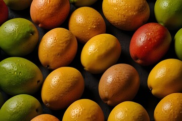 a close-up of a pile of mangoes in various shades of green and orange. The mangoes are stacked on top of each other, showcasing their vibrant colors and textures,An up-close look at a variety of ripe 