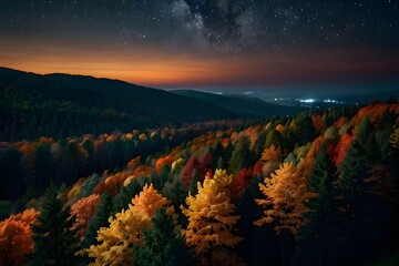 A landscape image of a forest under a starry sky. The trees are colored in yellow, orange, and green.
