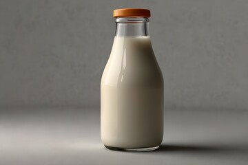 dairy products from farms milk and yogurt in glass containers that are sustainable, glass bottle of milk on a table with copy space against a black background A glass and a bottle of milk placed next 