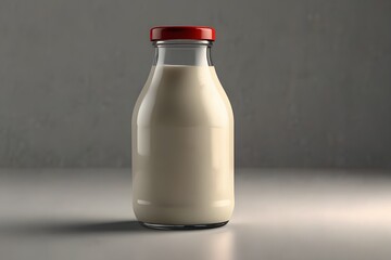 dairy products from farms milk and yogurt in glass containers that are sustainable, glass bottle of milk on a table with copy space against a black background A glass and a bottle of milk placed next 
