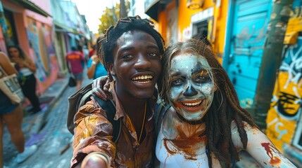 A couple's selfie showing off their cheerful painted faces during a vibrant street celebration