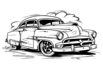Obraz premium Classic Car Illustration in Black and White Ink Style