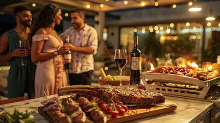 Friends enjoying a lively outdoor barbecue party with delicious grilled food, wine, and a cheerful atmosphere under string lights