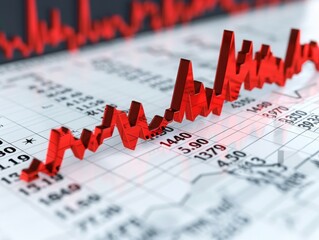 Close-up of a financial chart with red stock market indicators showing fluctuating data and trends on a graph.