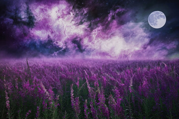 A vast field of purple flowers. The sky is painted with a mesmerizing blend of purples, blues, and whites, resembling a cosmic nebula or galaxy. A large, luminous moon is visible in the sky