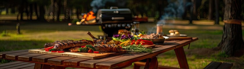 Outdoor picnic table set with grilled meats and vegetables, with a barbecue grill in the background, in a natural park setting.