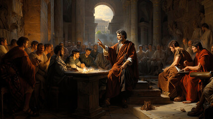 A historically inspired digital painting of an ancient philosopher lecturing to a group in a sunlit hall