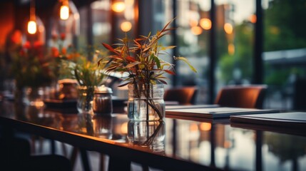 A warm ambiance in a restaurant featuring plants on a tabletop and cozy background lighting