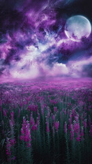 A vast field of purple flowers. The sky is painted with a mesmerizing blend of purples, blues, and whites, resembling a cosmic nebula or galaxy. A large, luminous moon is visible in the sky