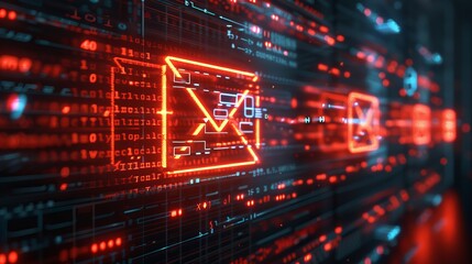 Fototapeta premium Digital email icon in futuristic cyber environment with glowing red lines, representing communication and digital technology.