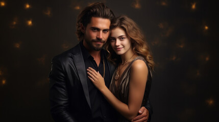 An intimate portrait of a romantic couple embracing, surrounded by soft twinkling lights