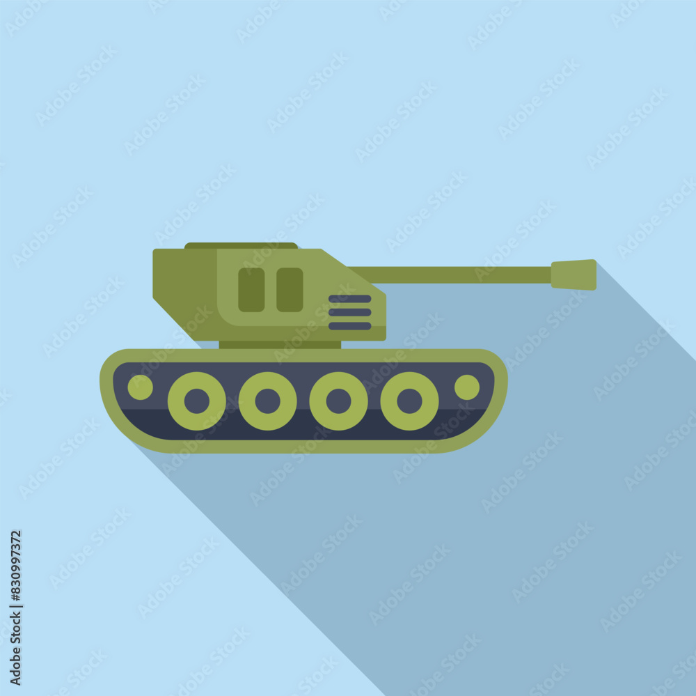 Wall mural Flat design illustration of a green cartoon military tank with long shadow, isolated on blue