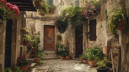 Naklejka premium Charming European courtyards with ancient doors stone walls delicate balconies and flower filled broken pots
